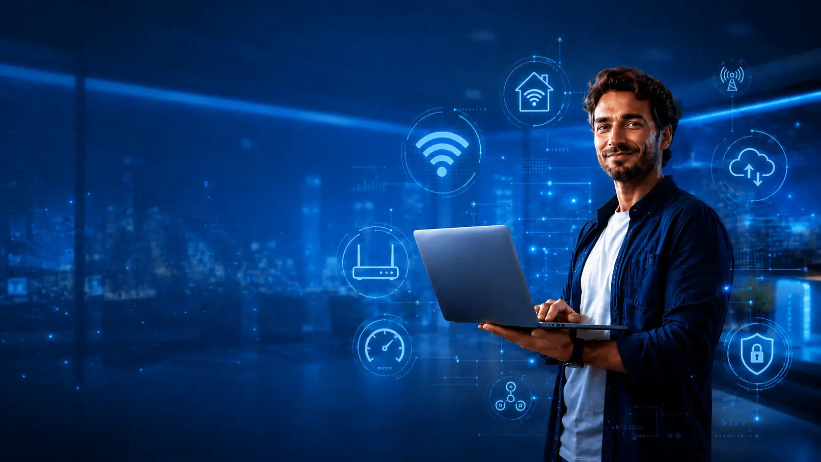 Laptopuyla hızlı internet bağlantısı kullanan mutlu kişi